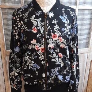Cynthia Rowley Black Floral Bomber Jacket Size M